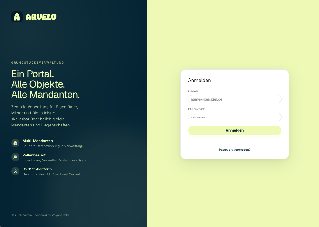 Screenshot of the Arvelo property management portal